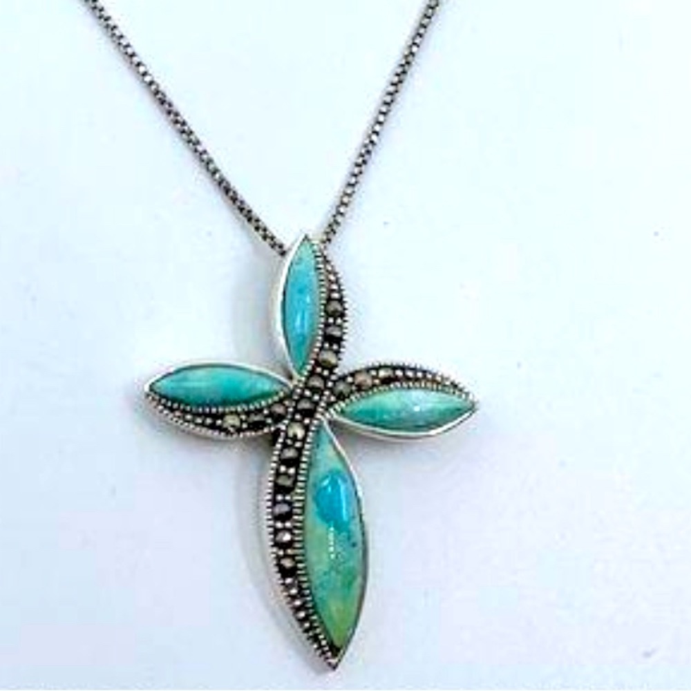 Vintage Sterling Silver, Turquoise & Marcasite Cross Necklace